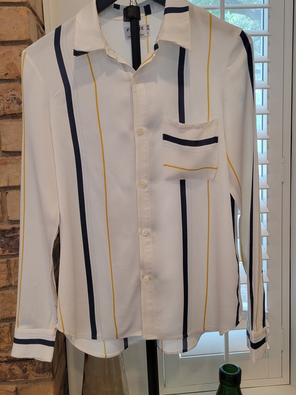 Frame Denim White Button-Up Blouse with Navy and Mustard Stripes